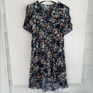 Navy Floral V-Neck High Low Lettuce Hem Dress Large Modesty Button